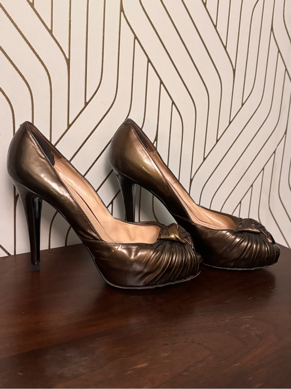 Nando Muzi Bronze Metallic Knotted Peep-Toe Stilettos
